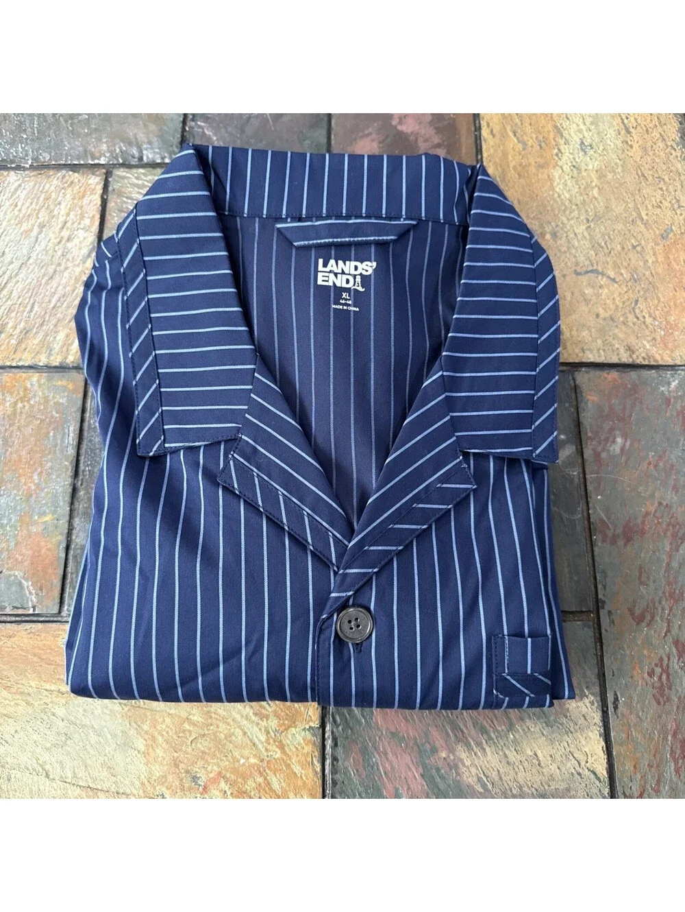 Lands' End Men's Navy Blue Striped Woven Bottom Pants Sleep Pajama Set Size XL